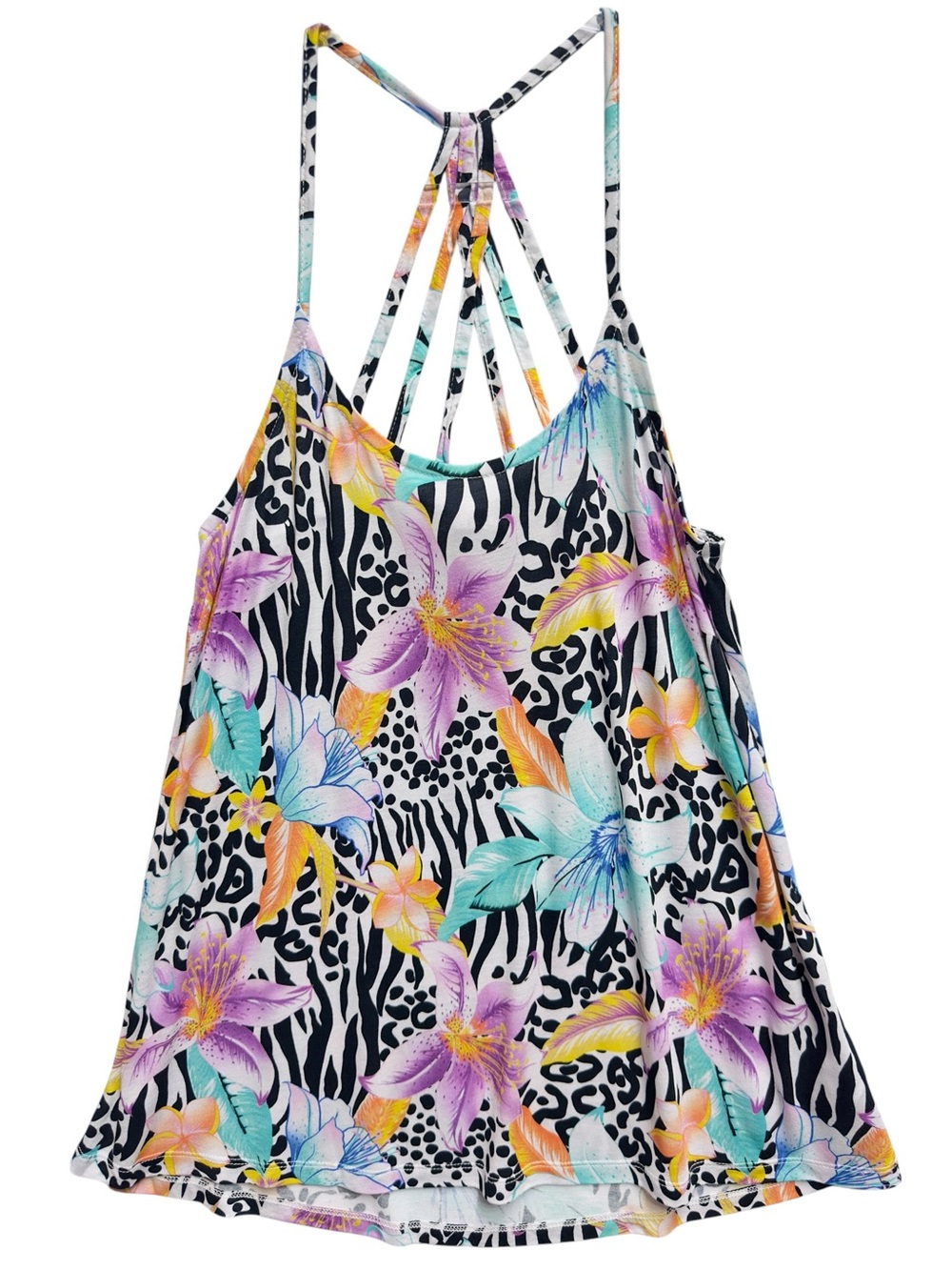Pure Viscose Chambray Hibiscus Floral Bouquet Halter Strappy Tank Top Blouse Tee